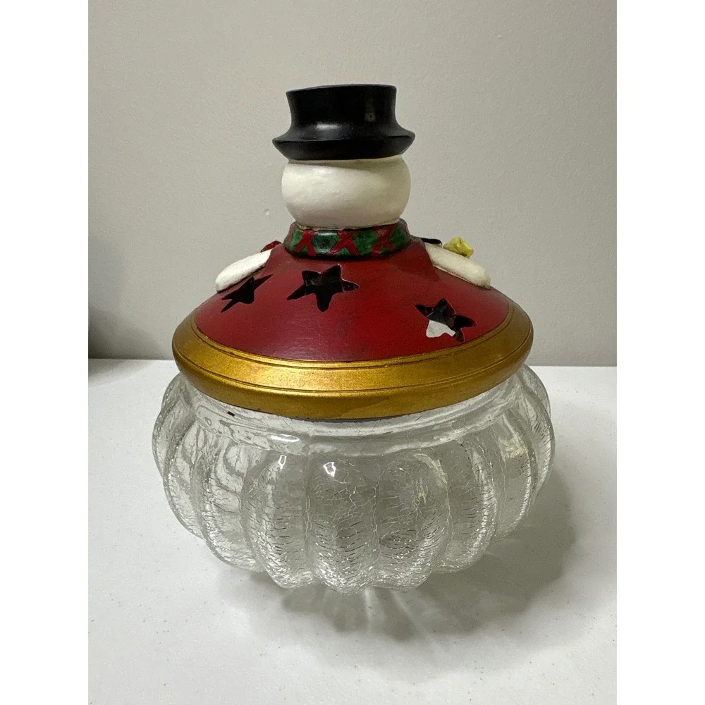 Vintage Christmas Snowman‎ Glass Candy Dish Holiday Decoration Jar